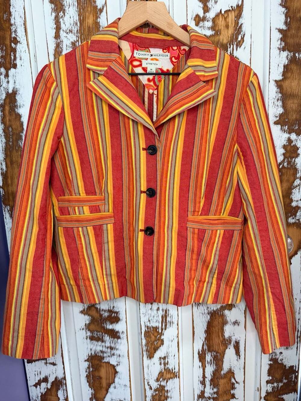 Tommy Hilfiger Women's Multicolor Striped Stretch Cotton Blazer Jacket Size 14
